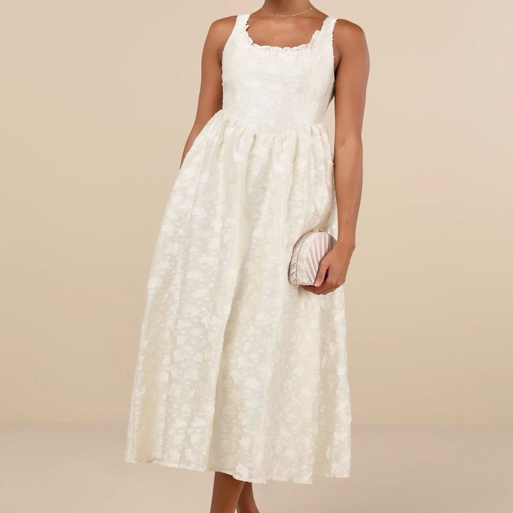Lulus Immaculate Elegance Cream Jacquard Lace-Up Midi Dress